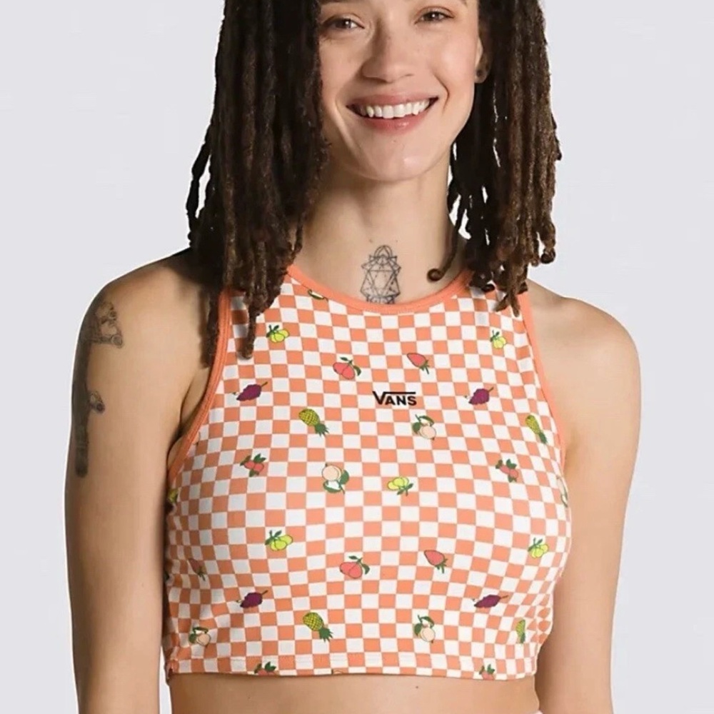 Vans Longline Print Bralette Checkerboard Orange White Fruit New without label